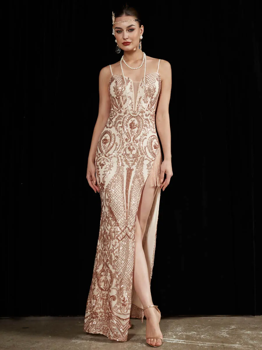 Champagne Gold Luxury Sequin Tassels Mermaid Prom Dress With Leg Slit