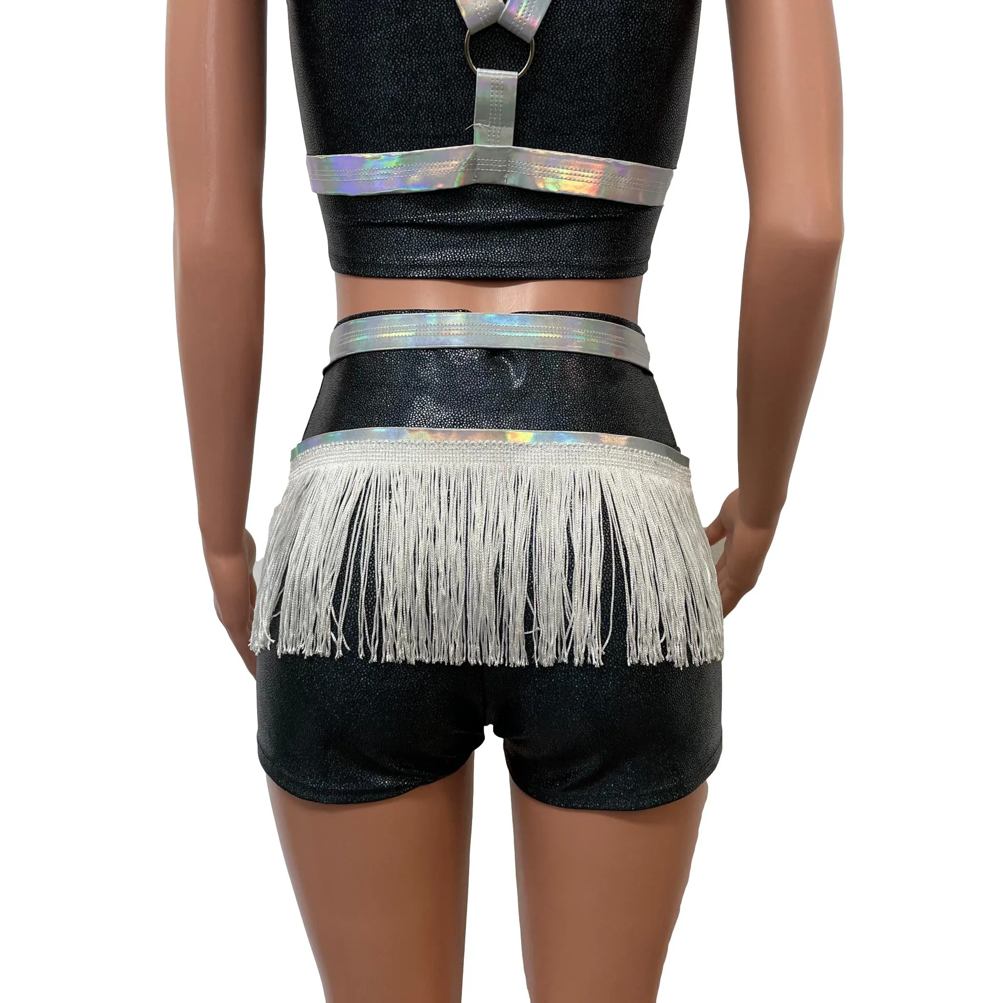 Fringe Harness Skirt in Opal Holographic | Rave Body Harness w/ Fringe