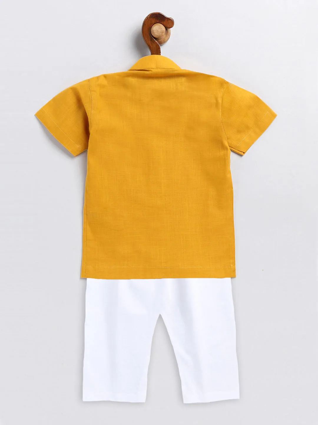 VASTRAMAY Boy's Mustard and White Embroidered Cotton Kurta Pyjama Set